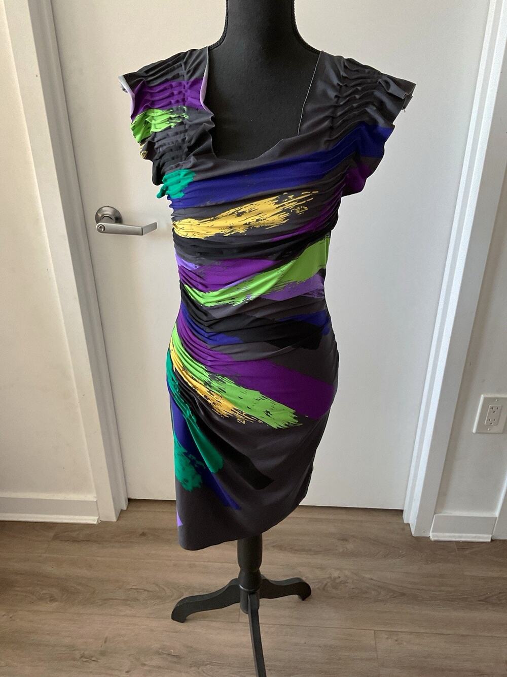 Vtg Y2K Rampage Ruched Bodycon Dress Multicolor Abstract Brushstroke Cludwear M